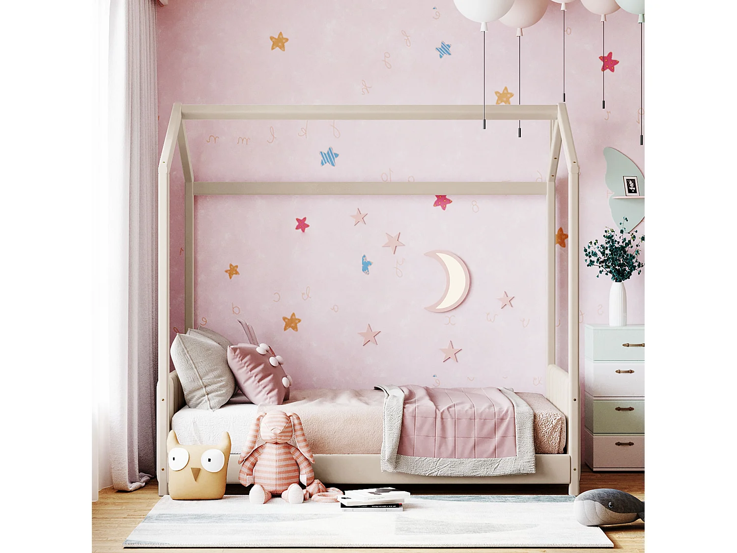 Hochbett mit Kopfteil 90 x 200 cm – mit Samt gepolstert – für Kinder – Farbe Beige