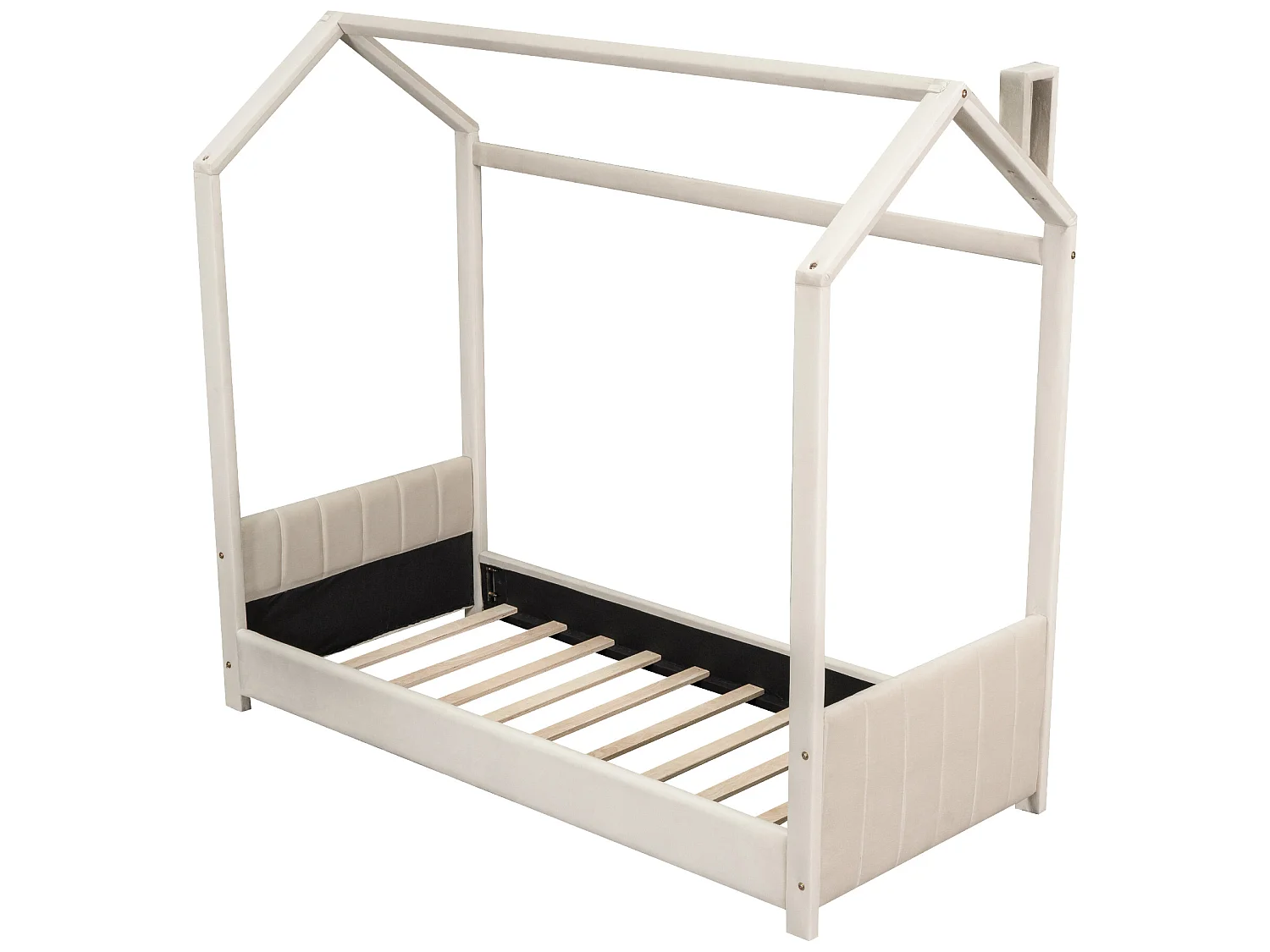 Hochbett mit Kopfteil 90 x 200 cm – mit Samt gepolstert – für Kinder – Farbe Beige