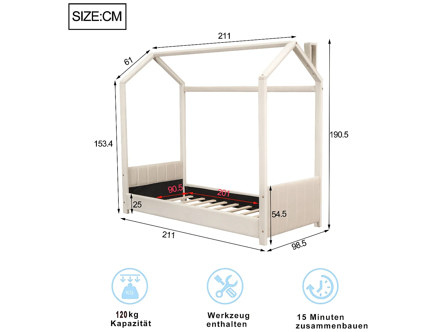 Hochbett mit Kopfteil 90 x 200 cm – mit Samt gepolstert – für Kinder – Farbe Beige
