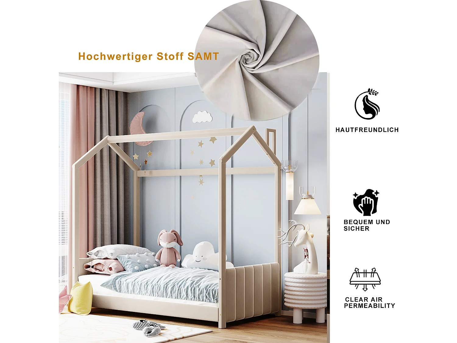 Hochbett mit Kopfteil 90 x 200 cm – mit Samt gepolstert – für Kinder – Farbe Beige