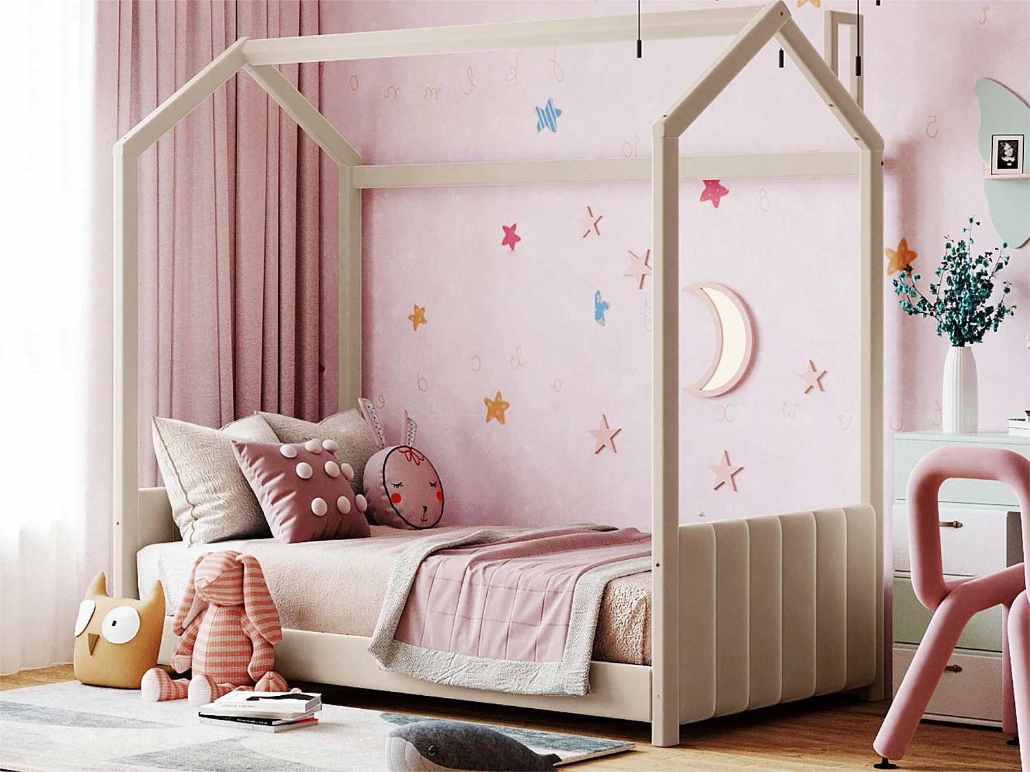 Hochbett mit Kopfteil 90 x 200 cm – mit Samt gepolstert – für Kinder – Farbe Beige