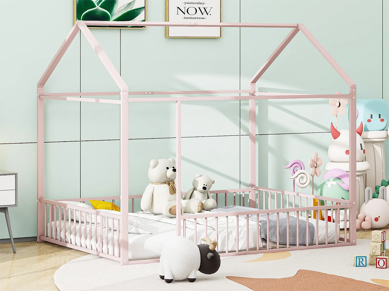 Lit cabane 140 x 200 cm - métal - sans sommier - coloris rose