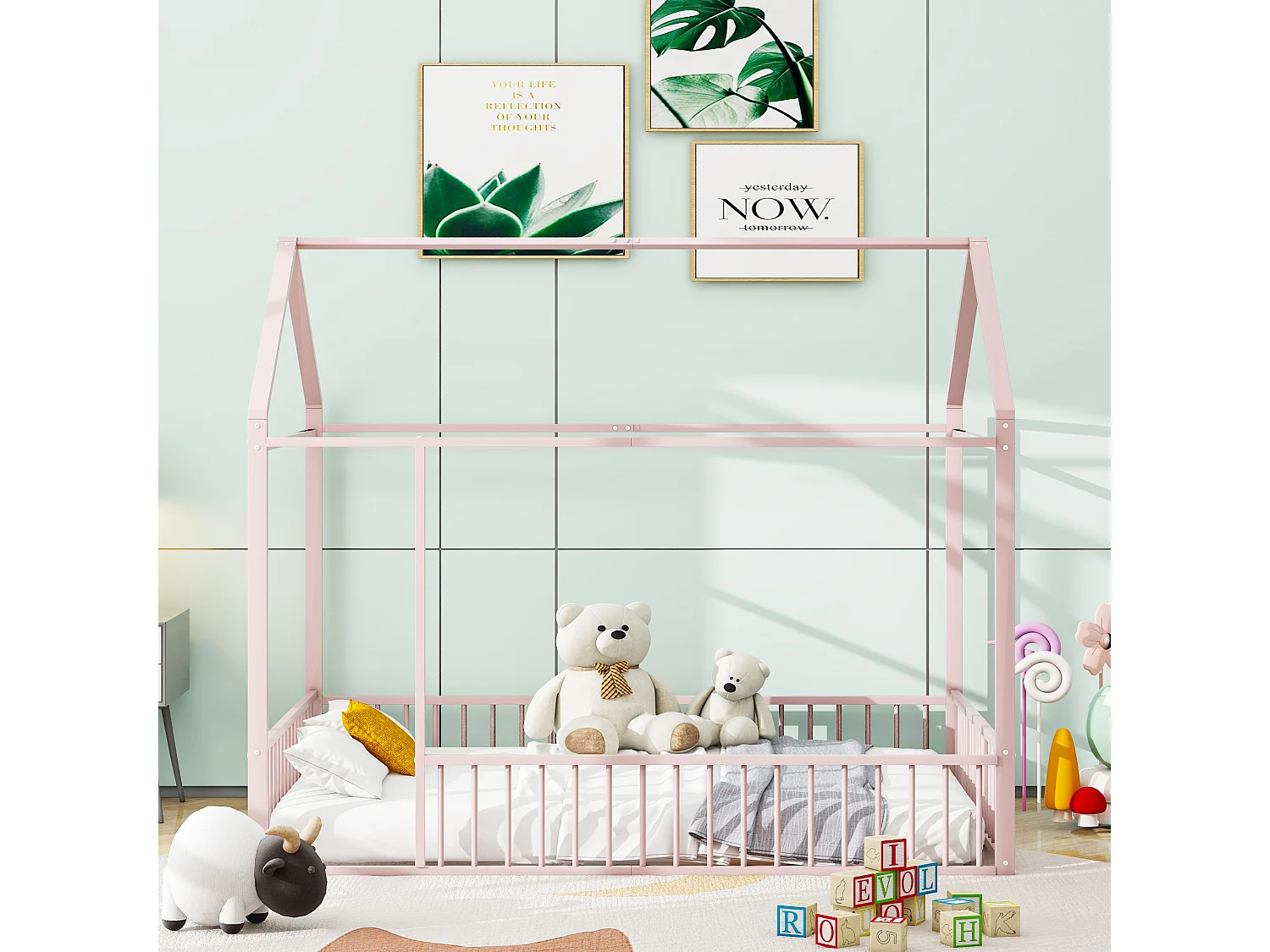 Lit cabane 140 x 200 cm - métal - sans sommier - coloris rose