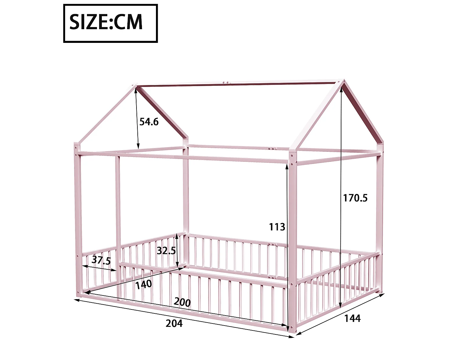 Lit cabane 140 x 200 cm - métal - sans sommier - coloris rose