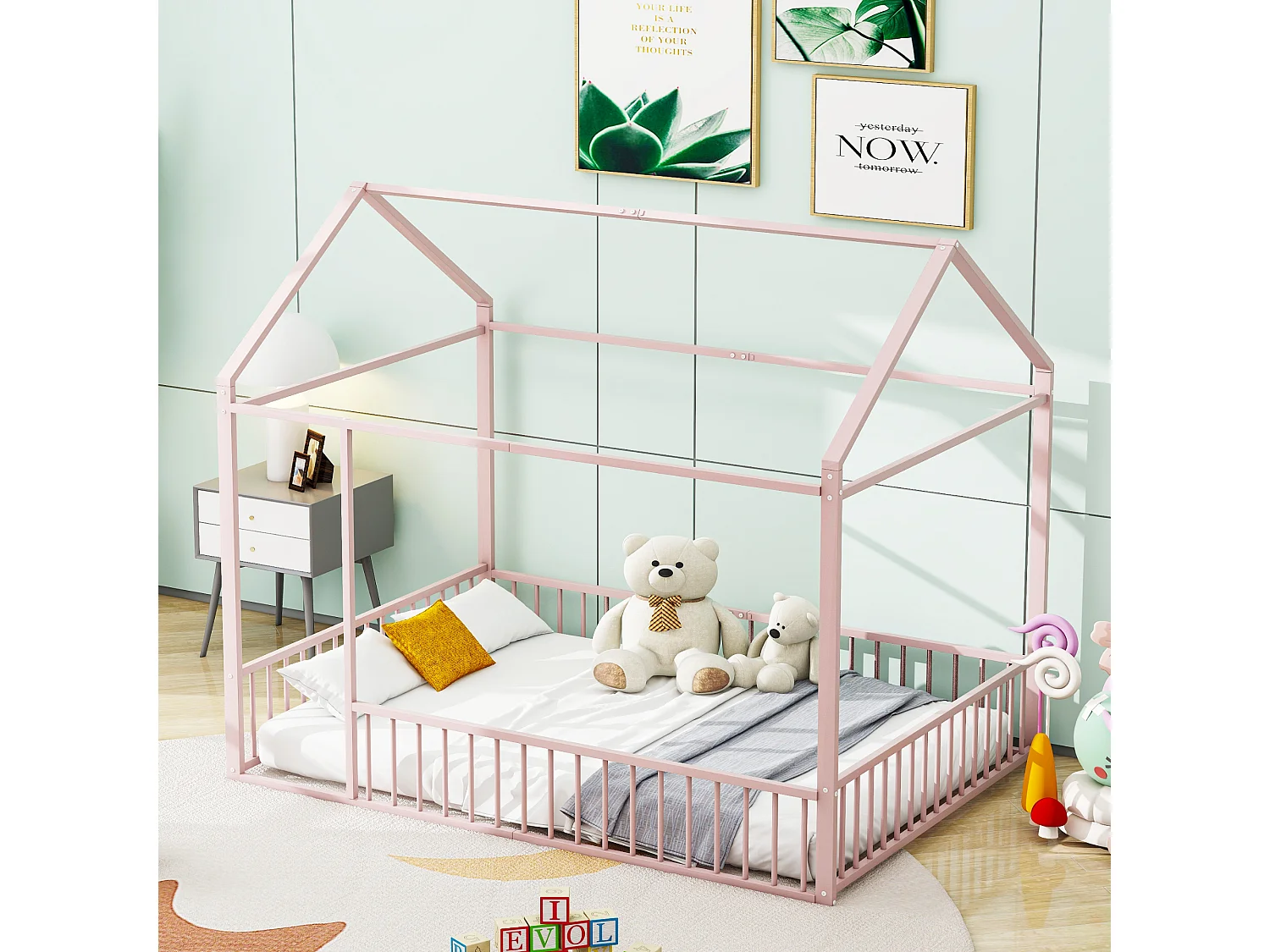 Lit cabane 140 x 200 cm - métal - sans sommier - coloris rose