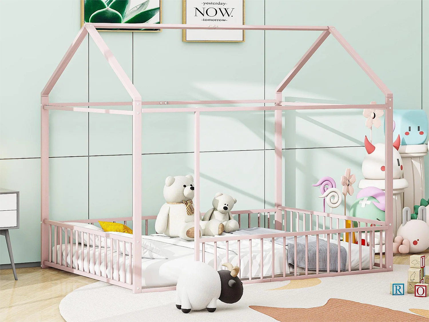 Lit cabane 140 x 200 cm - métal - sans sommier - coloris rose