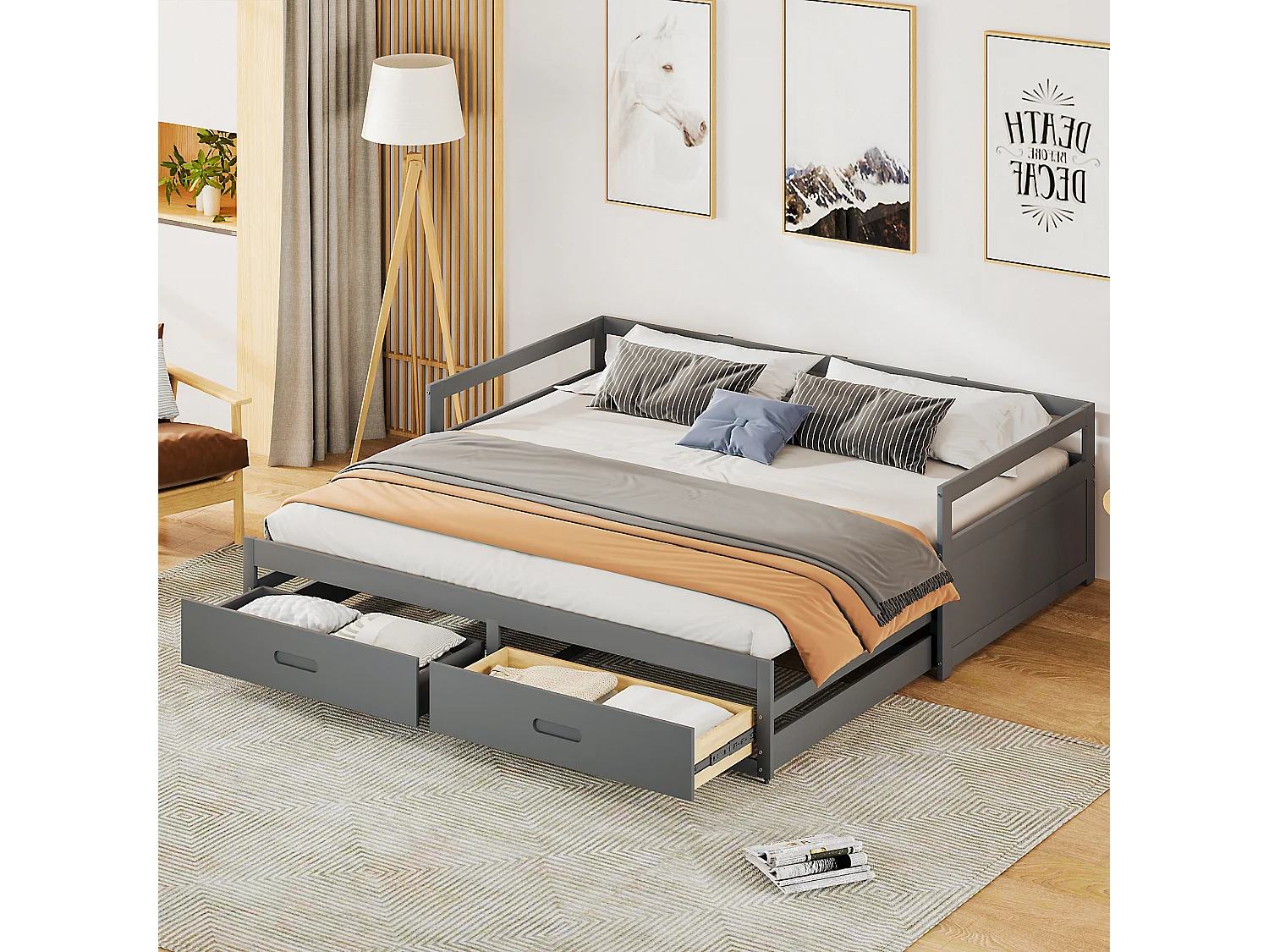 Lit gigogne pour enfant 90 x 200 cm avec 2 tiroirs - lit bébé - cadre en pin - coloris gris