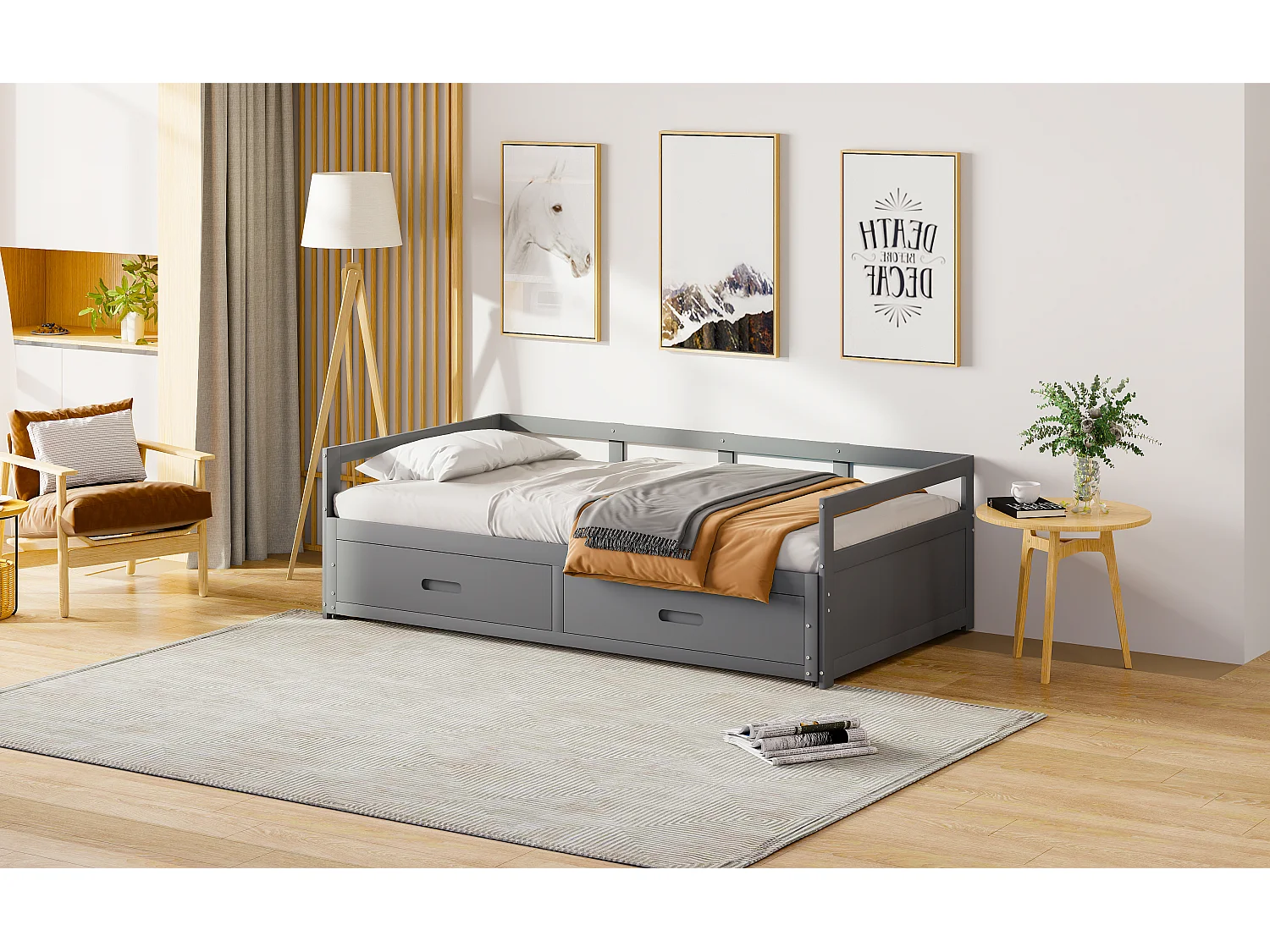 Lit gigogne pour enfant 90 x 200 cm avec 2 tiroirs - lit bébé - cadre en pin - coloris gris
