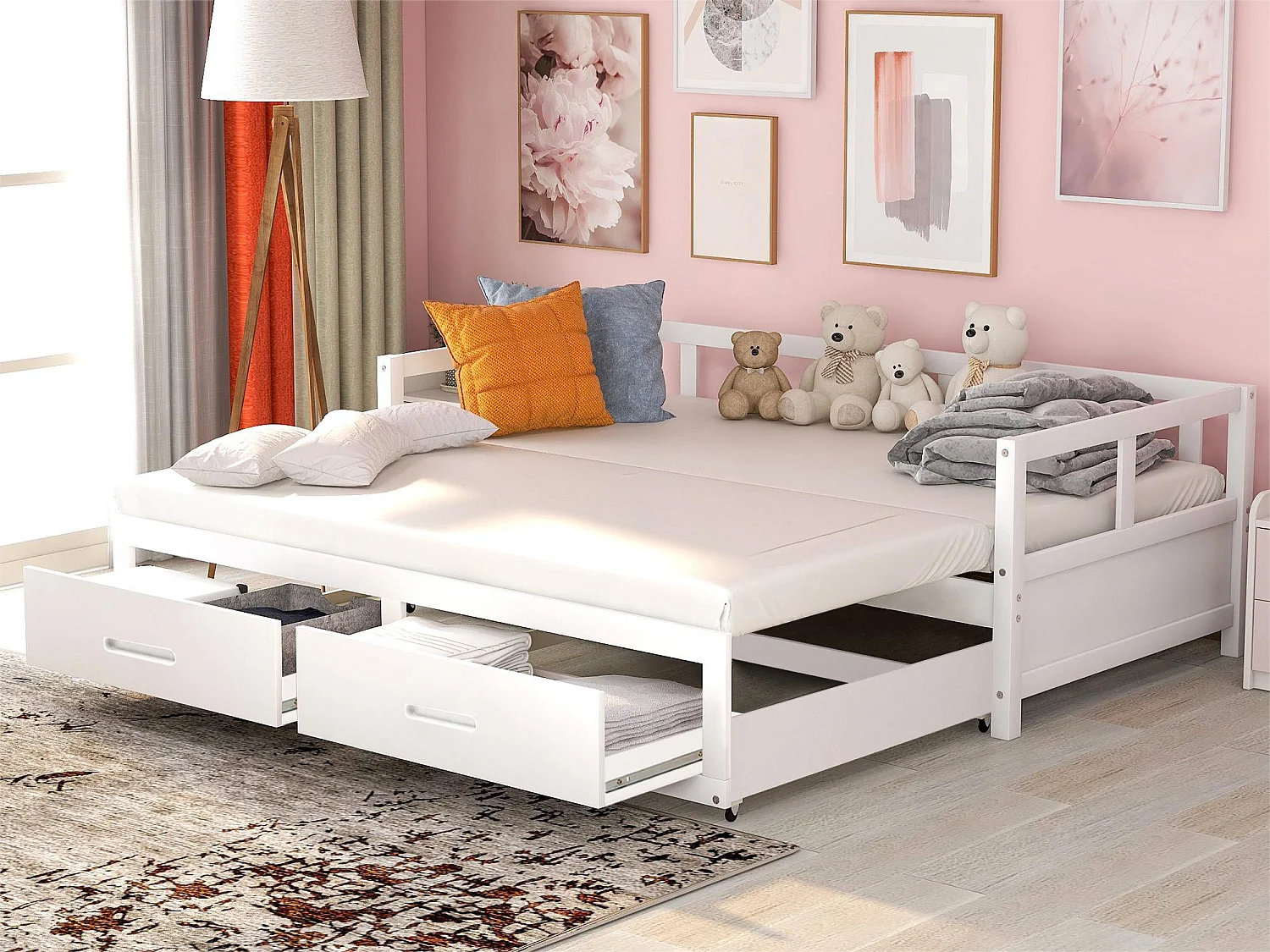 Kinderbed met onderschuifbed 90 x 200 cm met 2 lades - babybed - grenen frame - kleur wit