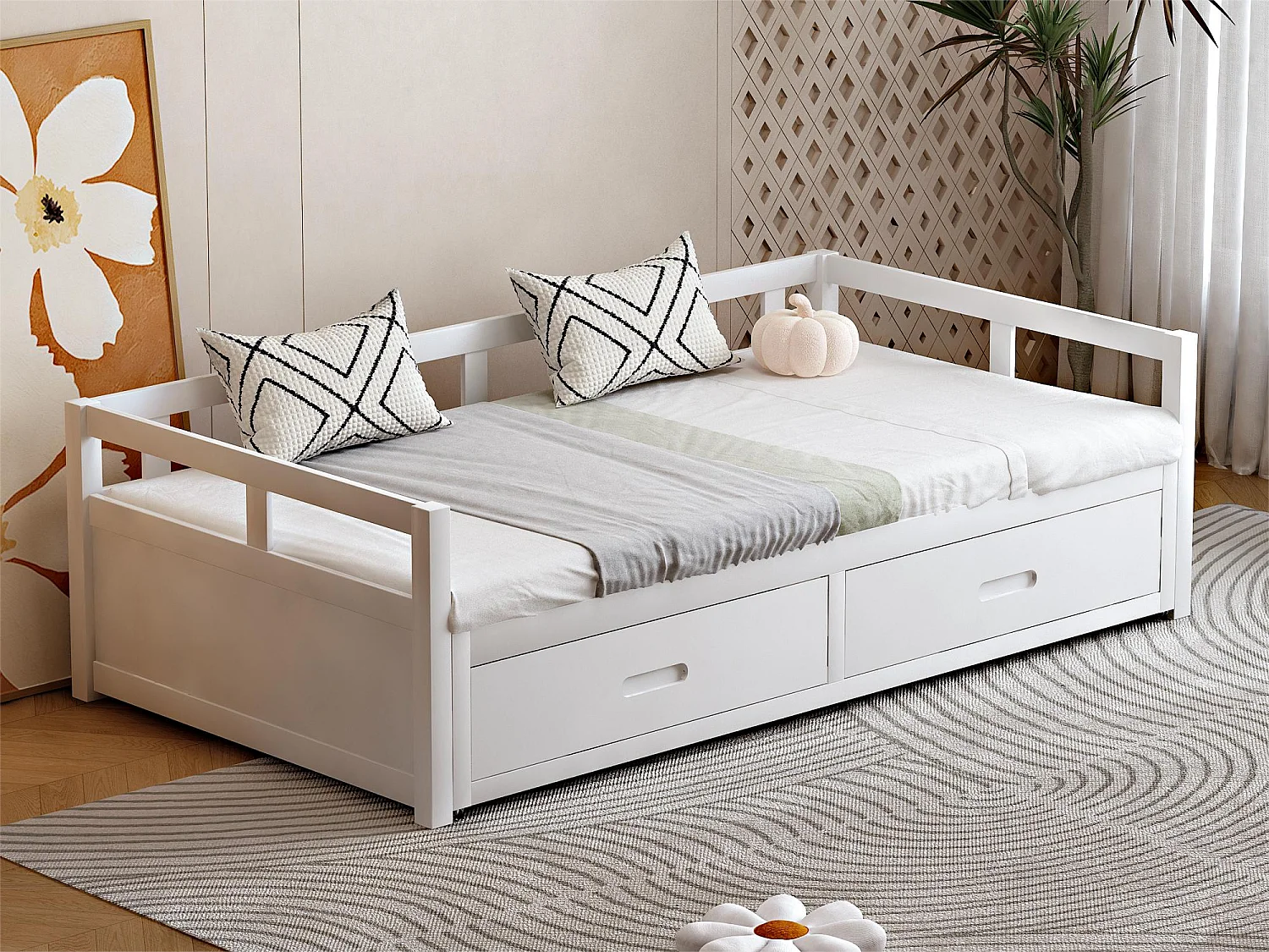 Kinderbed met onderschuifbed 90 x 200 cm met 2 lades - babybed - grenen frame - kleur wit