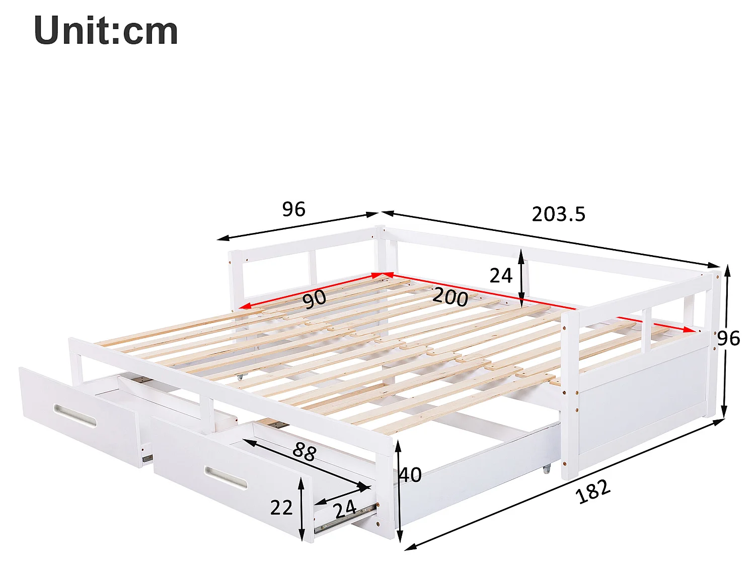 Kinderbed met onderschuifbed 90 x 200 cm met 2 lades - babybed - grenen frame - kleur wit