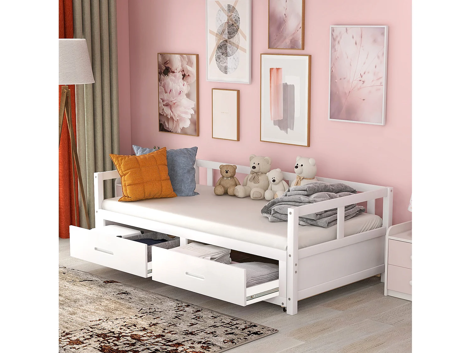 Kinderbed met onderschuifbed 90 x 200 cm met 2 lades - babybed - grenen frame - kleur wit