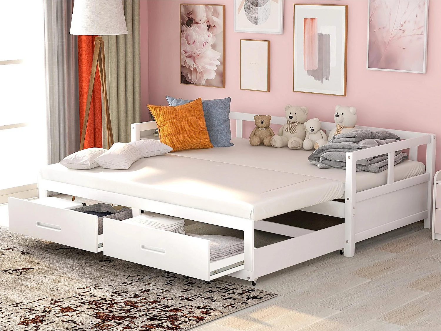 Lit gigogne pour enfant 90 x 200 cm avec 2 tiroirs - lit bébé - cadre en pin - coloris blanc