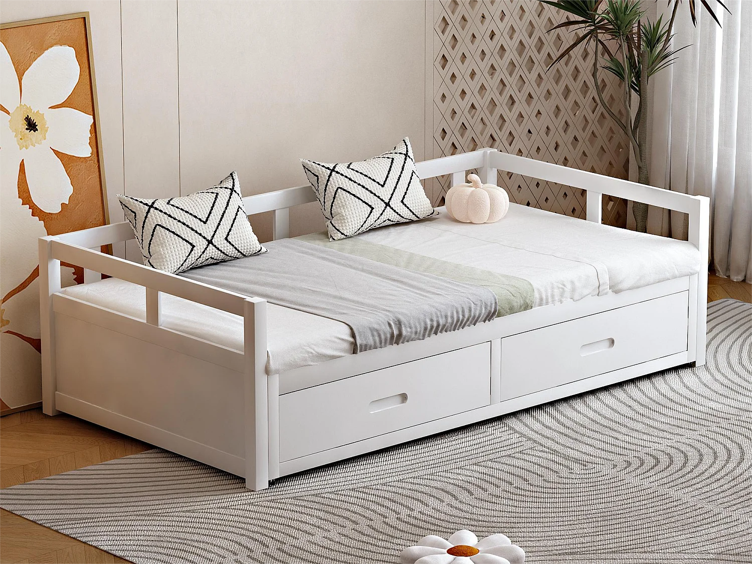 Lit gigogne pour enfant 90 x 200 cm avec 2 tiroirs - lit bébé - cadre en pin - coloris blanc