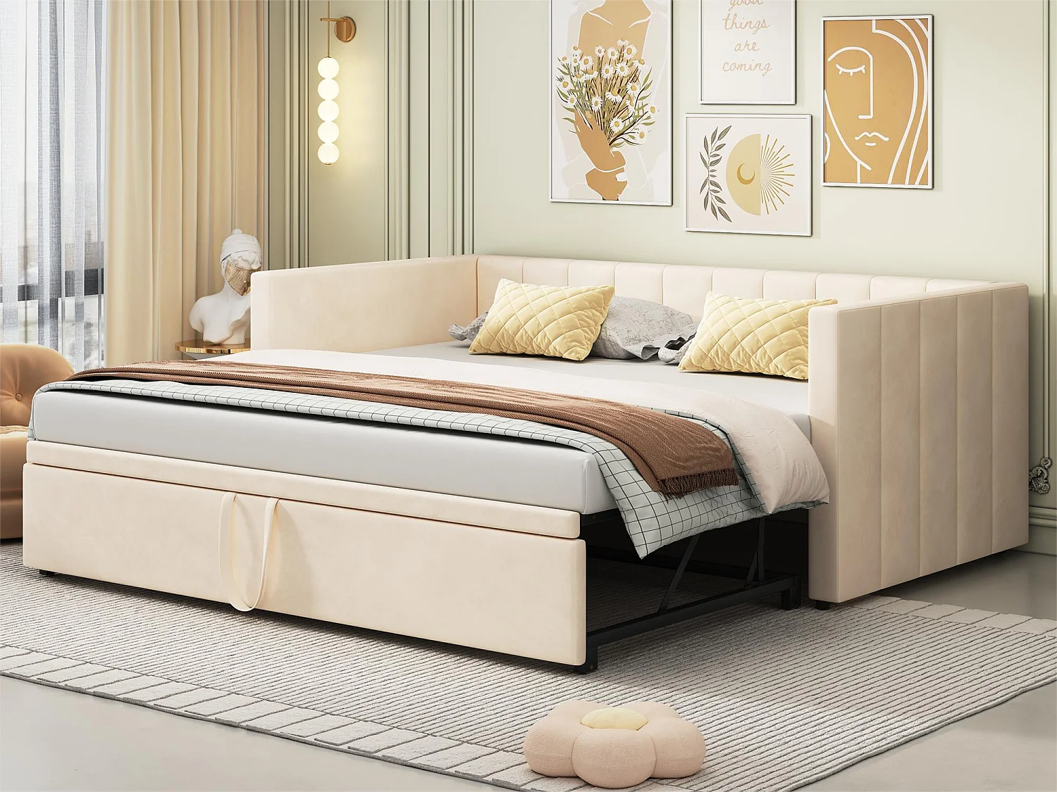 Kinderbed met onderschuifbed 90 x 200 cm - fluweel - inclusief bedbodem - kleur beige