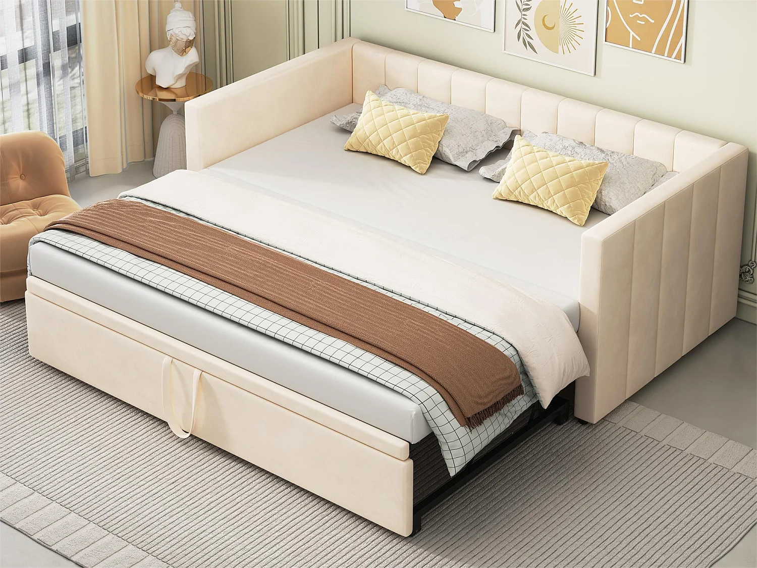 Kinderbed met onderschuifbed 90 x 200 cm - fluweel - inclusief bedbodem - kleur beige