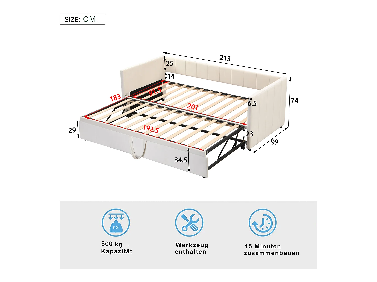 Kinderbed met onderschuifbed 90 x 200 cm - fluweel - inclusief bedbodem - kleur beige