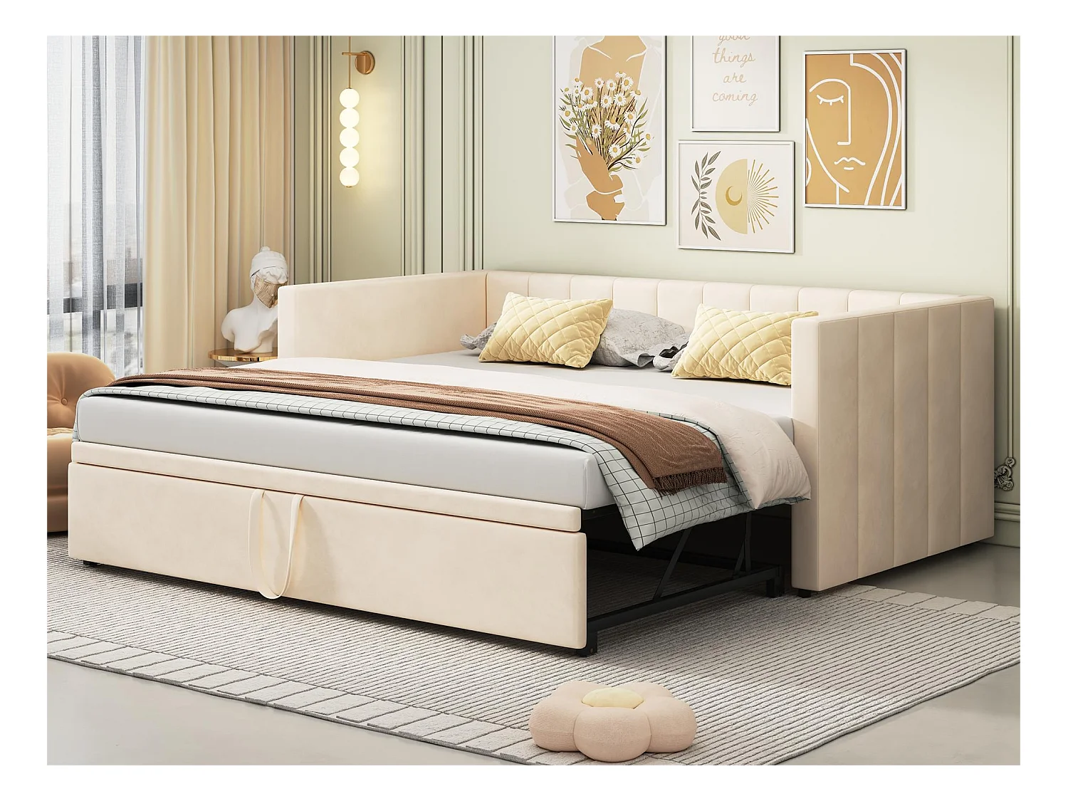 Kinderbed met onderschuifbed 90 x 200 cm - fluweel - inclusief bedbodem - kleur beige