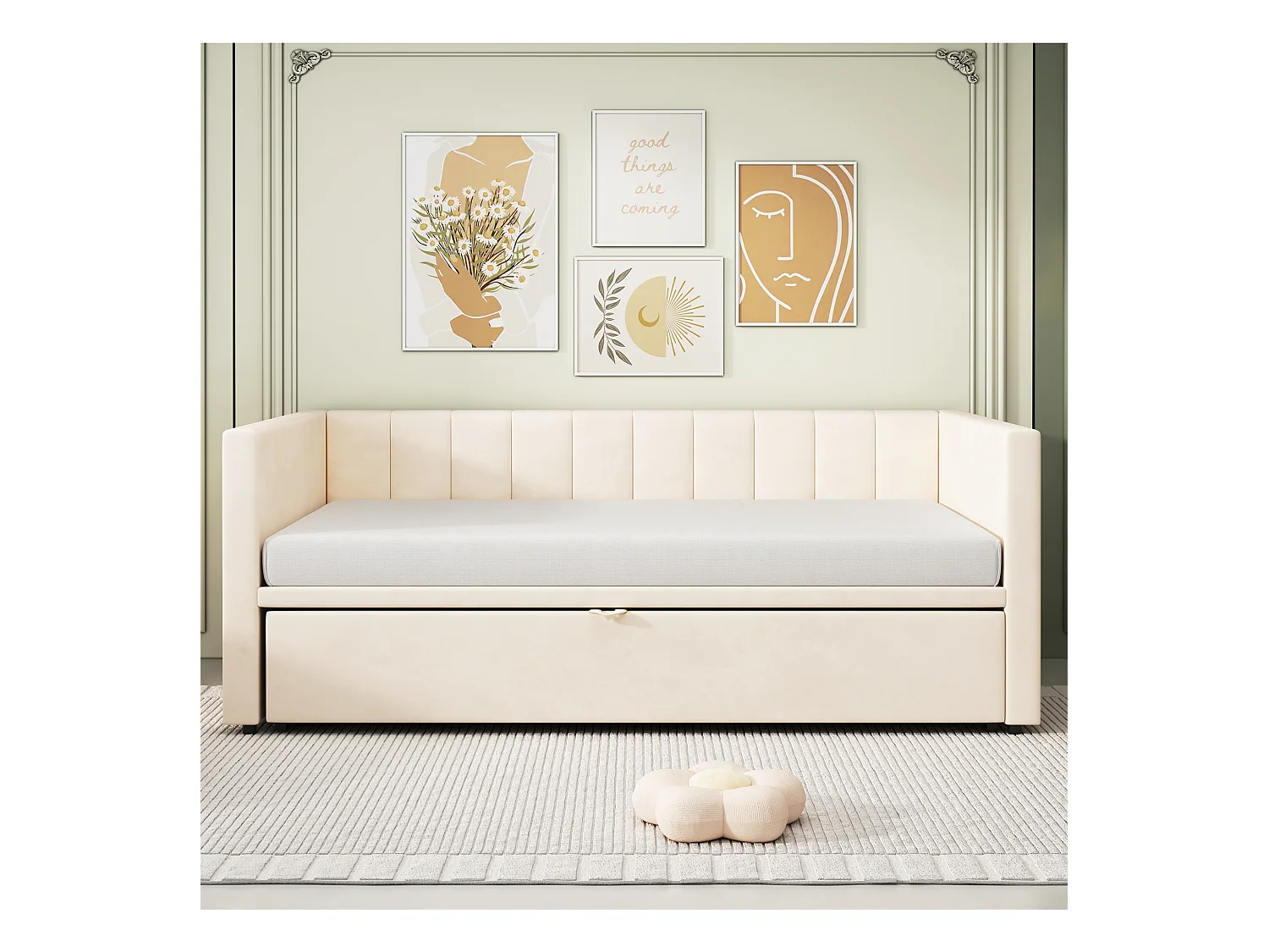 Lit gigogne 90 x 200 cm pour enfant - velours - sommier inclus - coloris beige