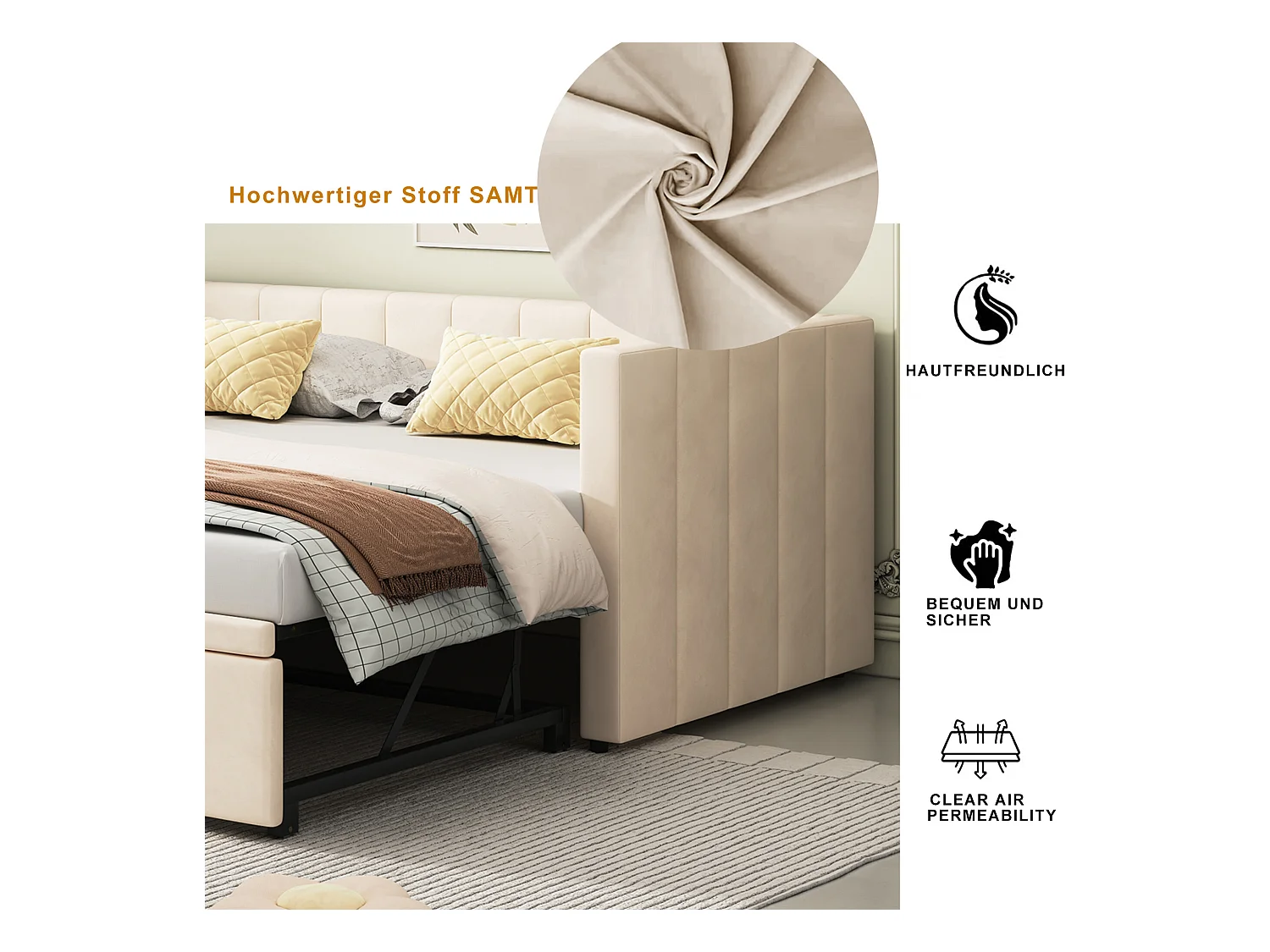 Lit gigogne 90 x 200 cm pour enfant - velours - sommier inclus - coloris beige