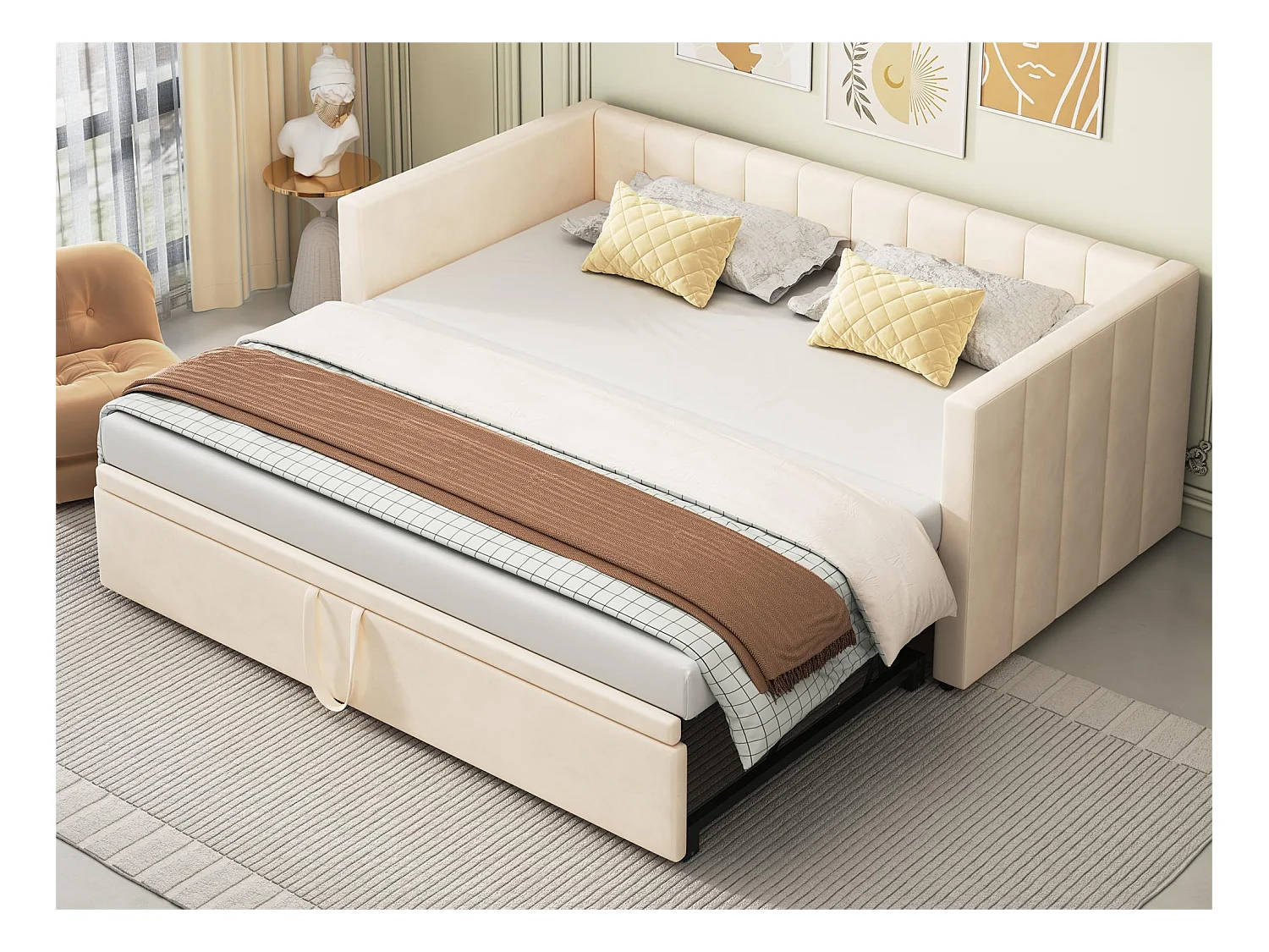 Lit gigogne 90 x 200 cm pour enfant - velours - sommier inclus - coloris beige