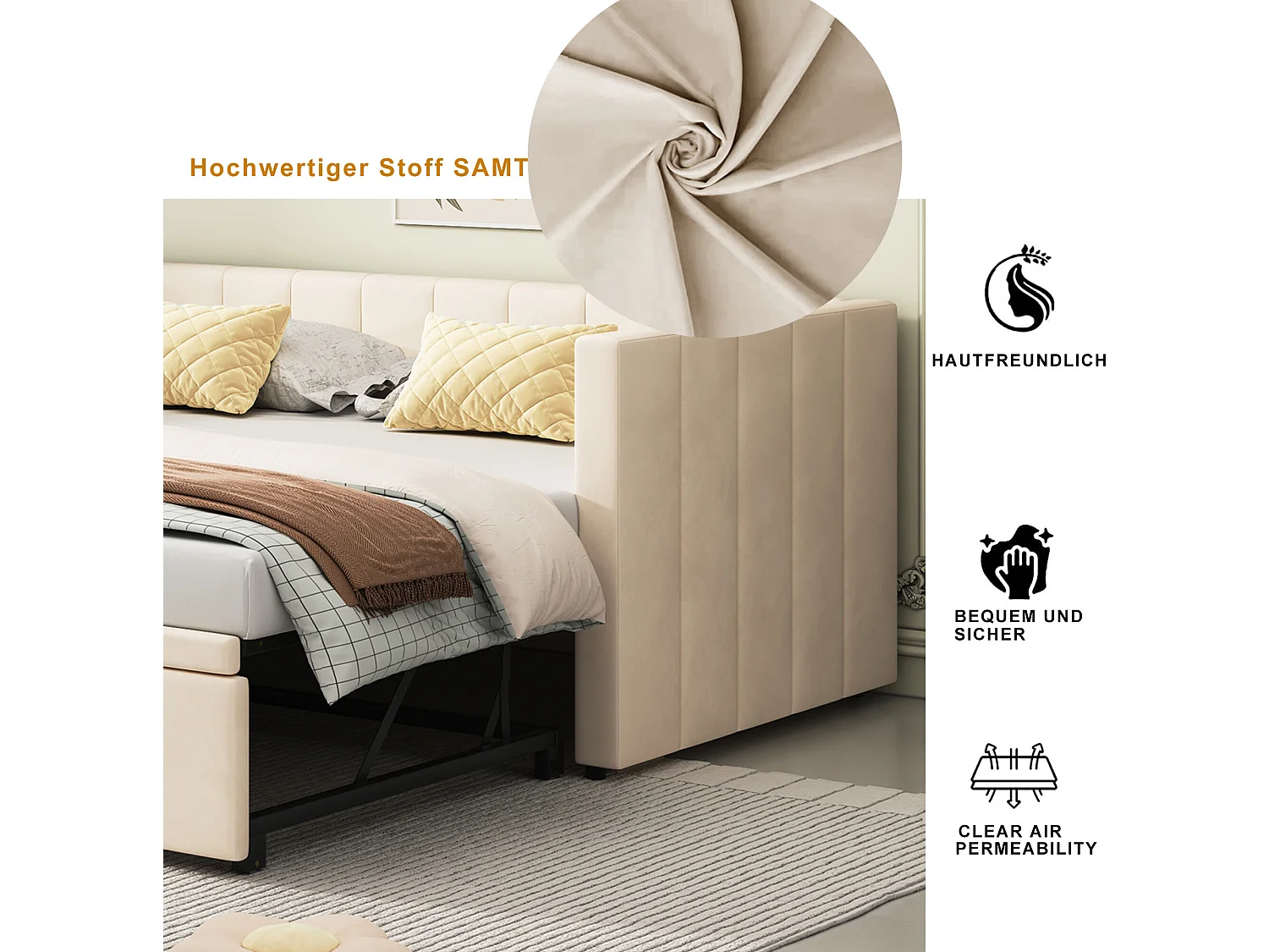 Kinderbed met onderschuifbed 90 x 200 cm - fluweel - inclusief bedbodem - kleur beige