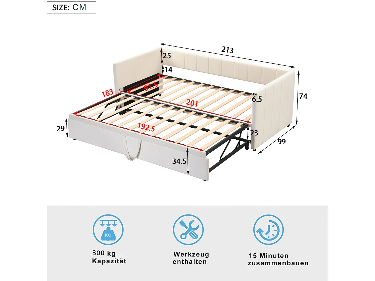 Kinderbed met onderschuifbed 90 x 200 cm - fluweel - inclusief bedbodem - kleur beige