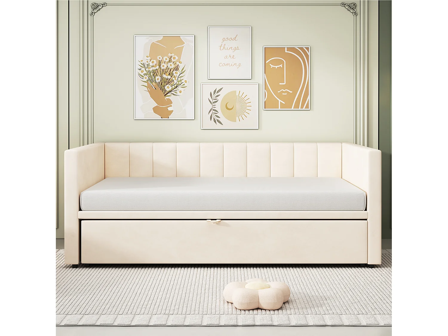 Kinderbed met onderschuifbed 90 x 200 cm - fluweel - inclusief bedbodem - kleur beige