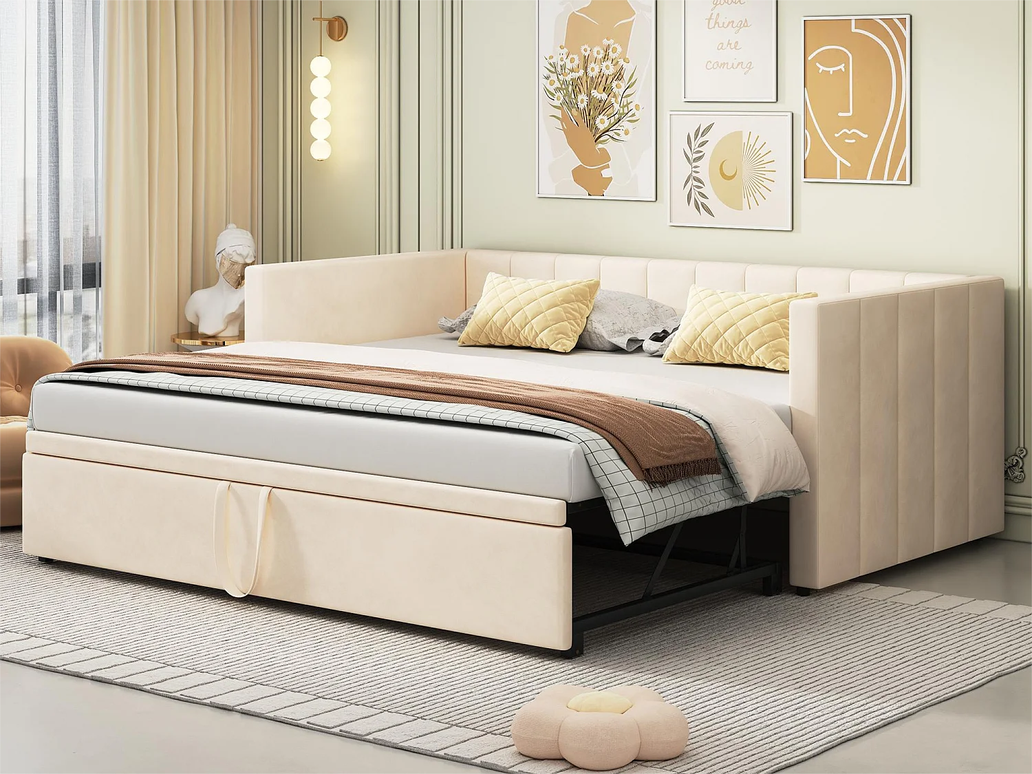 Kinderbed met onderschuifbed 90 x 200 cm - fluweel - inclusief bedbodem - kleur beige