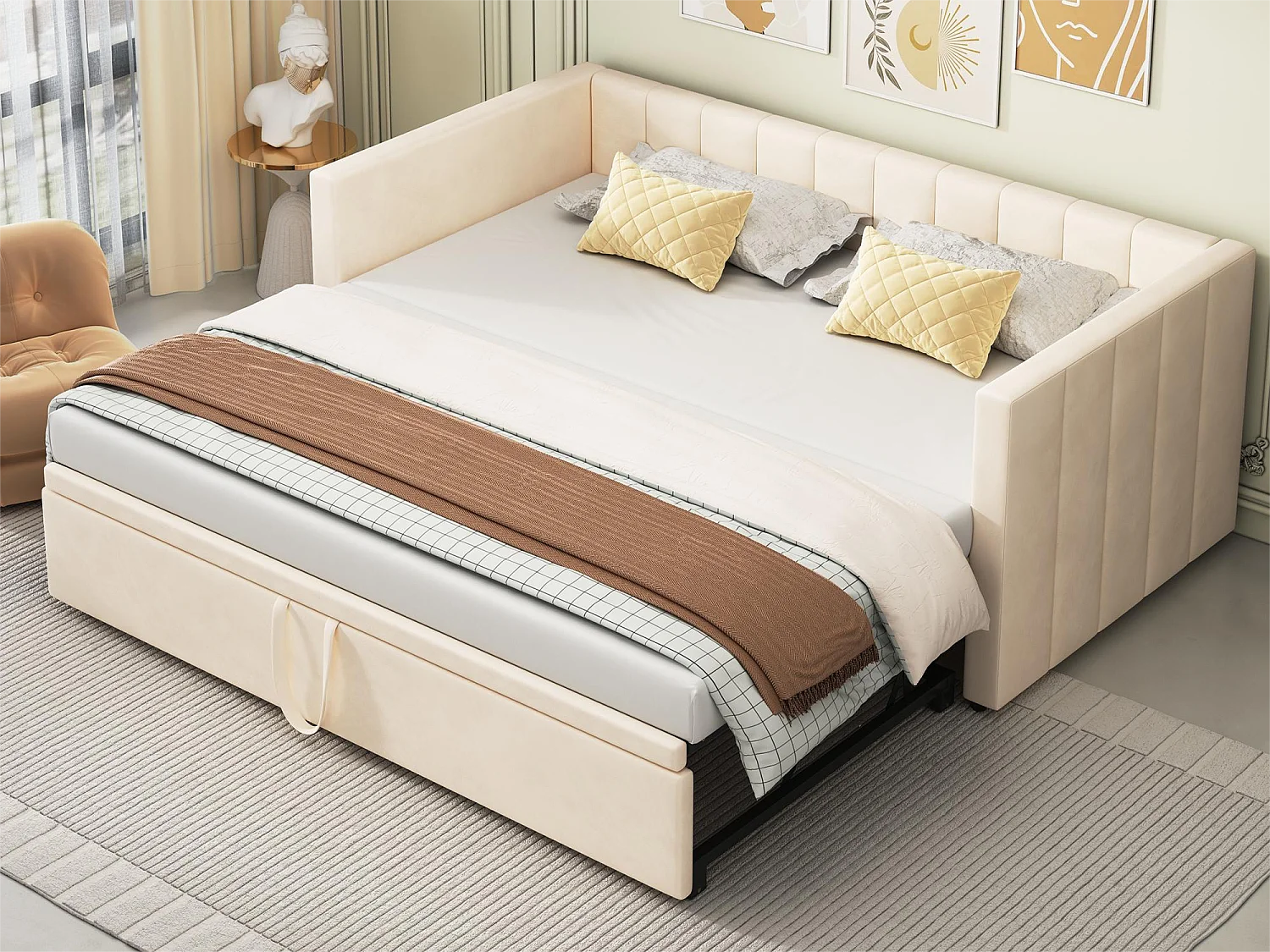 Kinderbed met onderschuifbed 90 x 200 cm - fluweel - inclusief bedbodem - kleur beige