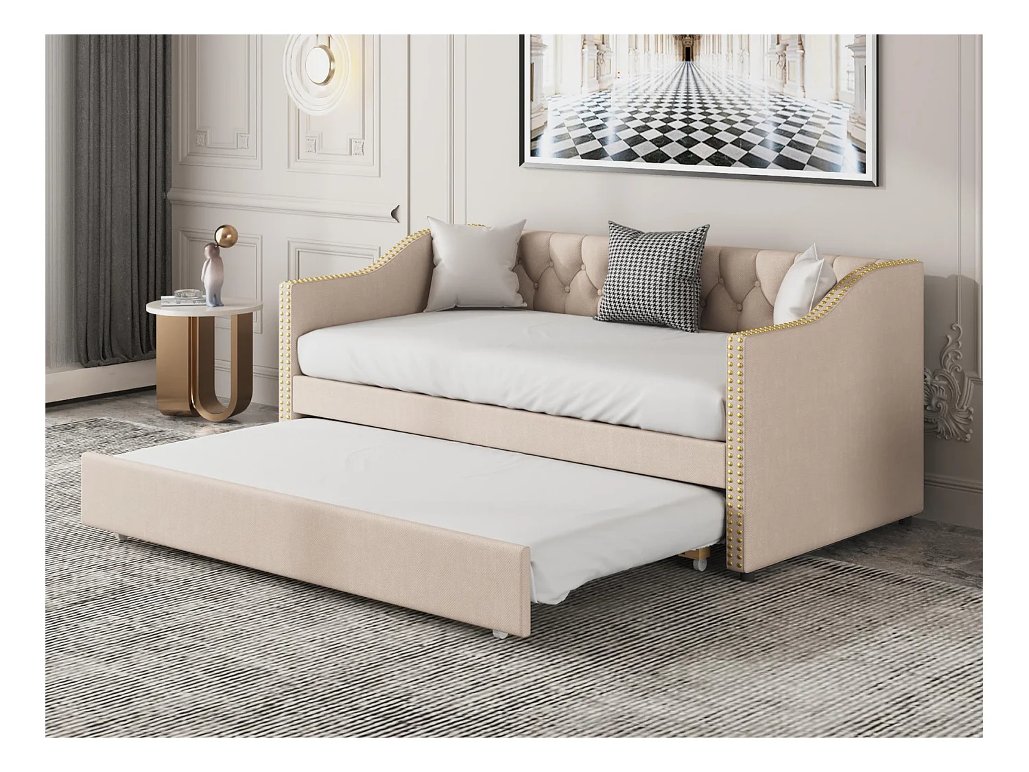Lit gigogne 90 x 200 cm - tissu lin - boutons et rivets - style classique - coloris beige