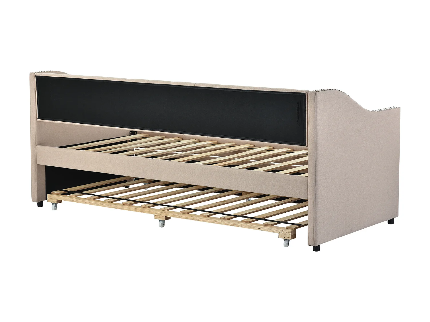 Onderschuifbed 90 x 200 cm - linnenstof - knopen en klinknagels - klassieke stijl - beige kleur