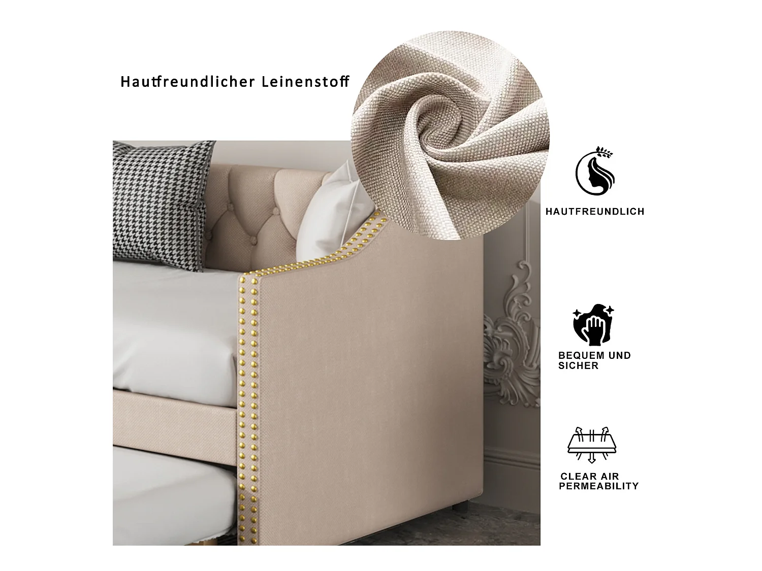 Onderschuifbed 90 x 200 cm - linnenstof - knopen en klinknagels - klassieke stijl - beige kleur