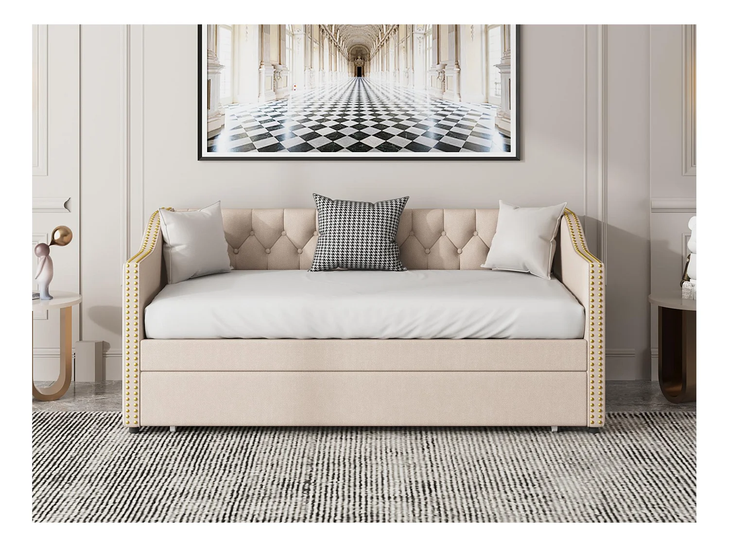 Onderschuifbed 90 x 200 cm - linnenstof - knopen en klinknagels - klassieke stijl - beige kleur