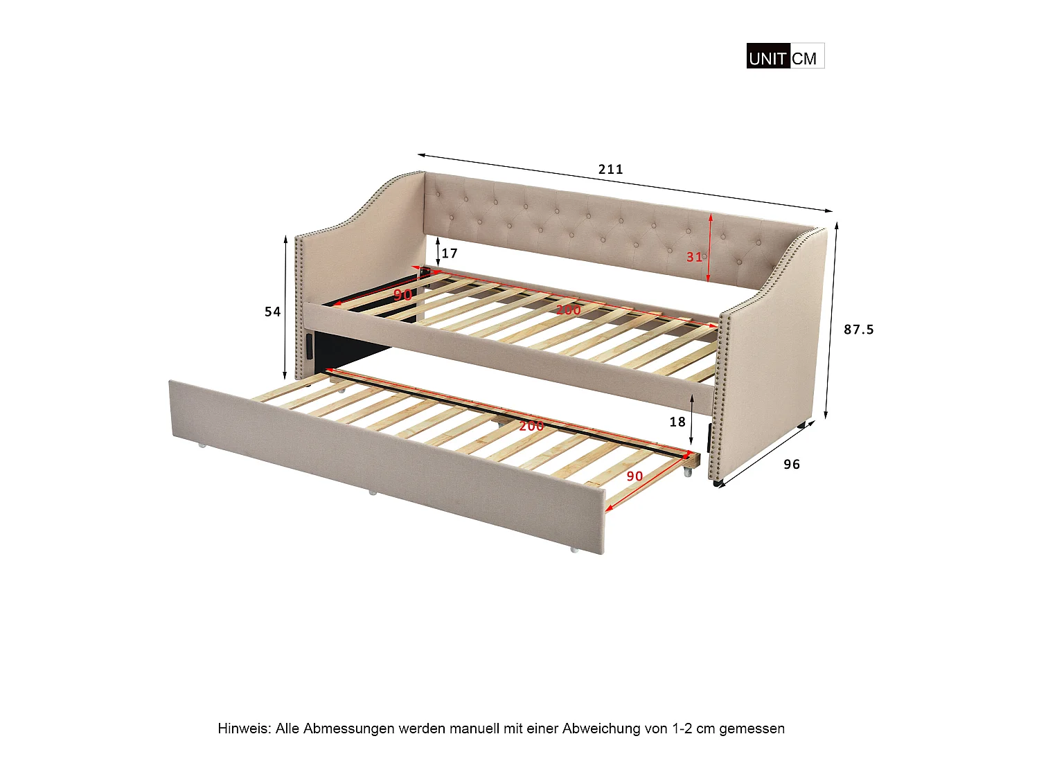 Onderschuifbed 90 x 200 cm - linnenstof - knopen en klinknagels - klassieke stijl - beige kleur