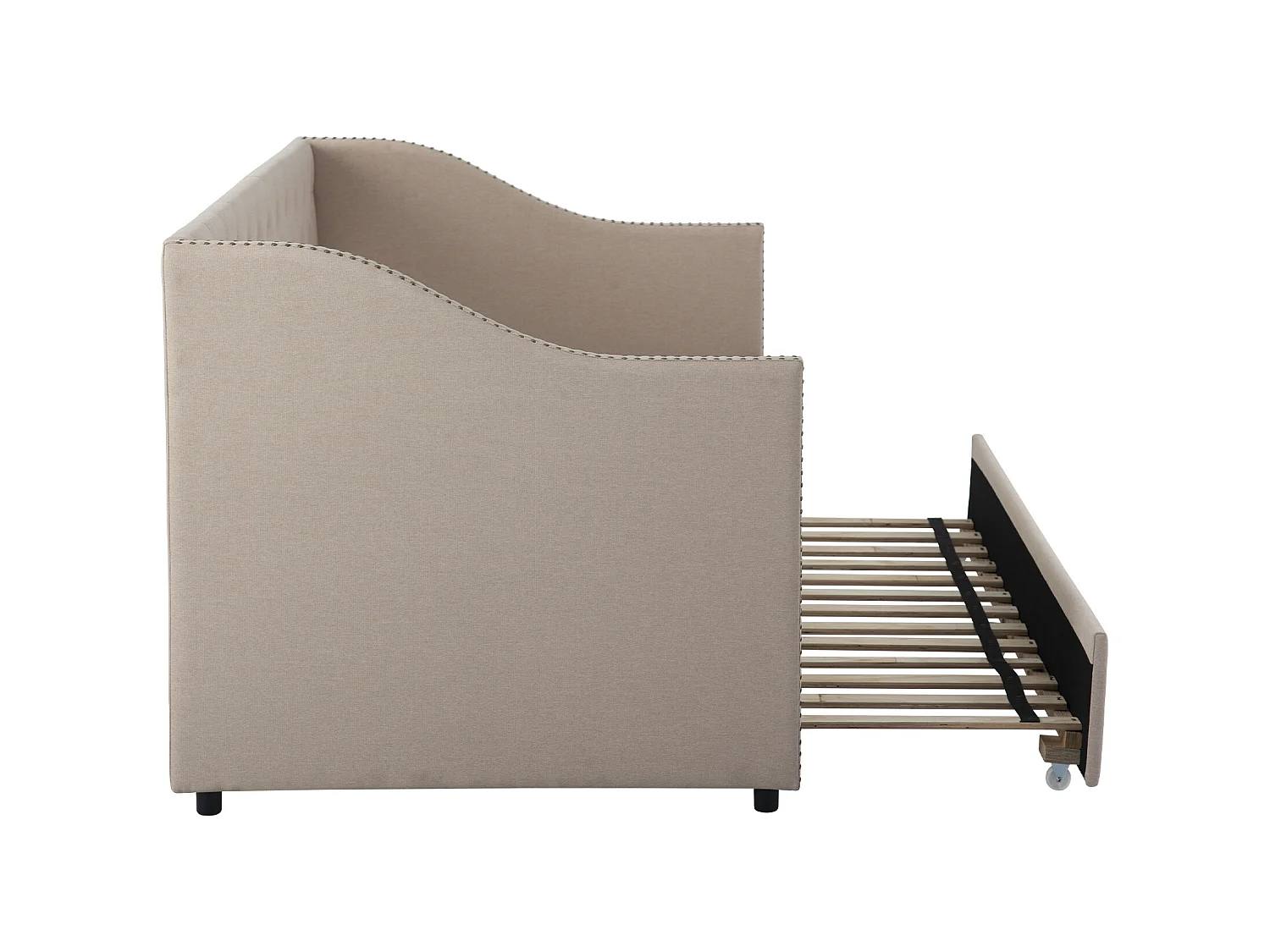 Onderschuifbed 90 x 200 cm - linnenstof - knopen en klinknagels - klassieke stijl - beige kleur