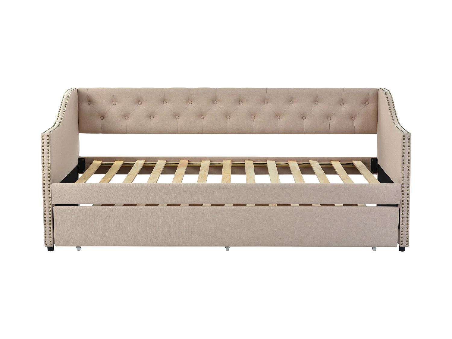 Onderschuifbed 90 x 200 cm - linnenstof - knopen en klinknagels - klassieke stijl - beige kleur
