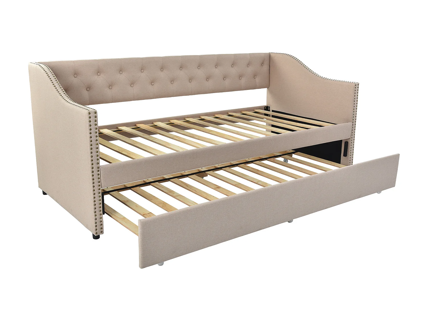 Onderschuifbed 90 x 200 cm - linnenstof - knopen en klinknagels - klassieke stijl - beige kleur