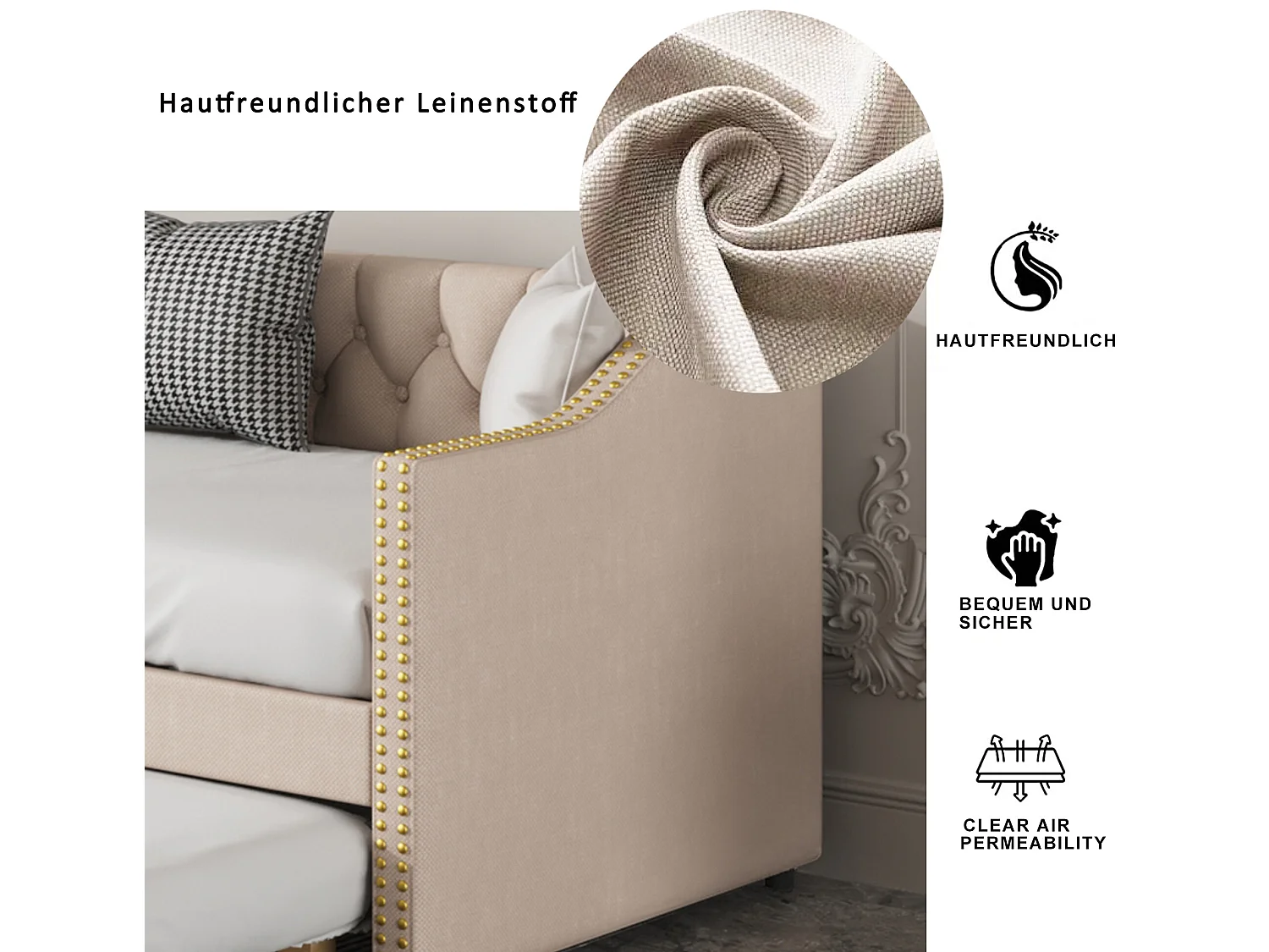 Lit gigogne 90 x 200 cm - tissu lin - boutons et rivets - style classique - coloris beige