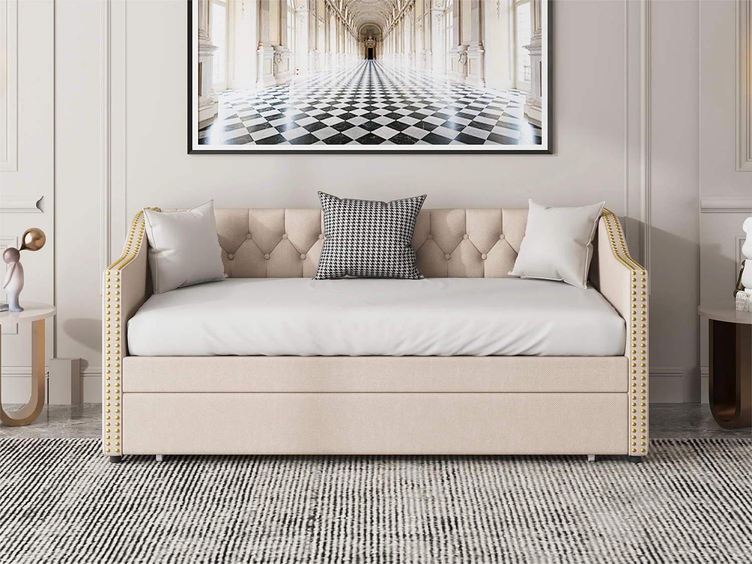 Lit gigogne 90 x 200 cm - tissu lin - boutons et rivets - style classique - coloris beige