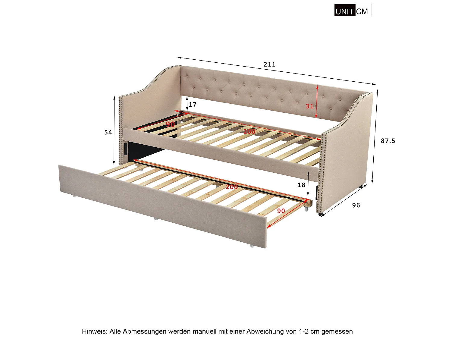 Lit gigogne 90 x 200 cm - tissu lin - boutons et rivets - style classique - coloris beige