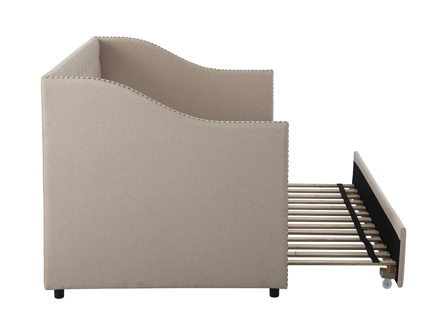 Lit gigogne 90 x 200 cm - tissu lin - boutons et rivets - style classique - coloris beige