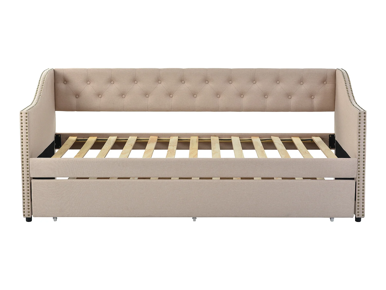 Lit gigogne 90 x 200 cm - tissu lin - boutons et rivets - style classique - coloris beige