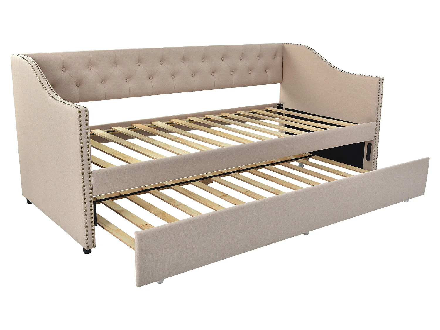 Lit gigogne 90 x 200 cm - tissu lin - boutons et rivets - style classique - coloris beige