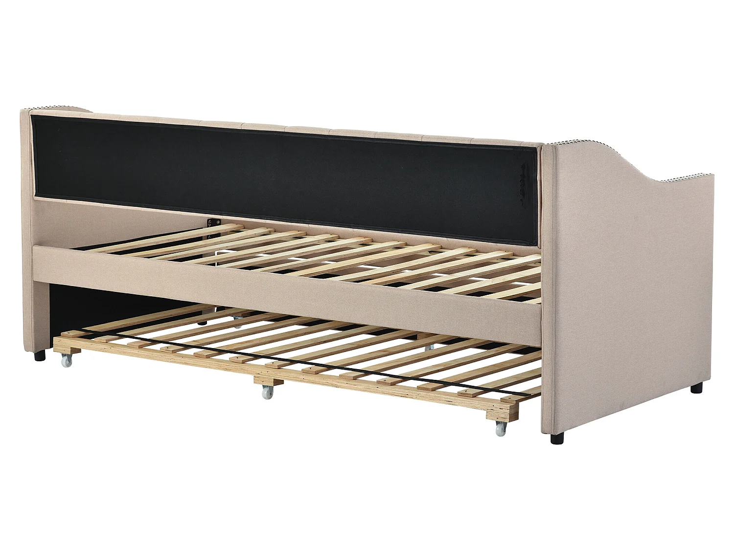 Lit gigogne 90 x 200 cm - tissu lin - boutons et rivets - style classique - coloris beige