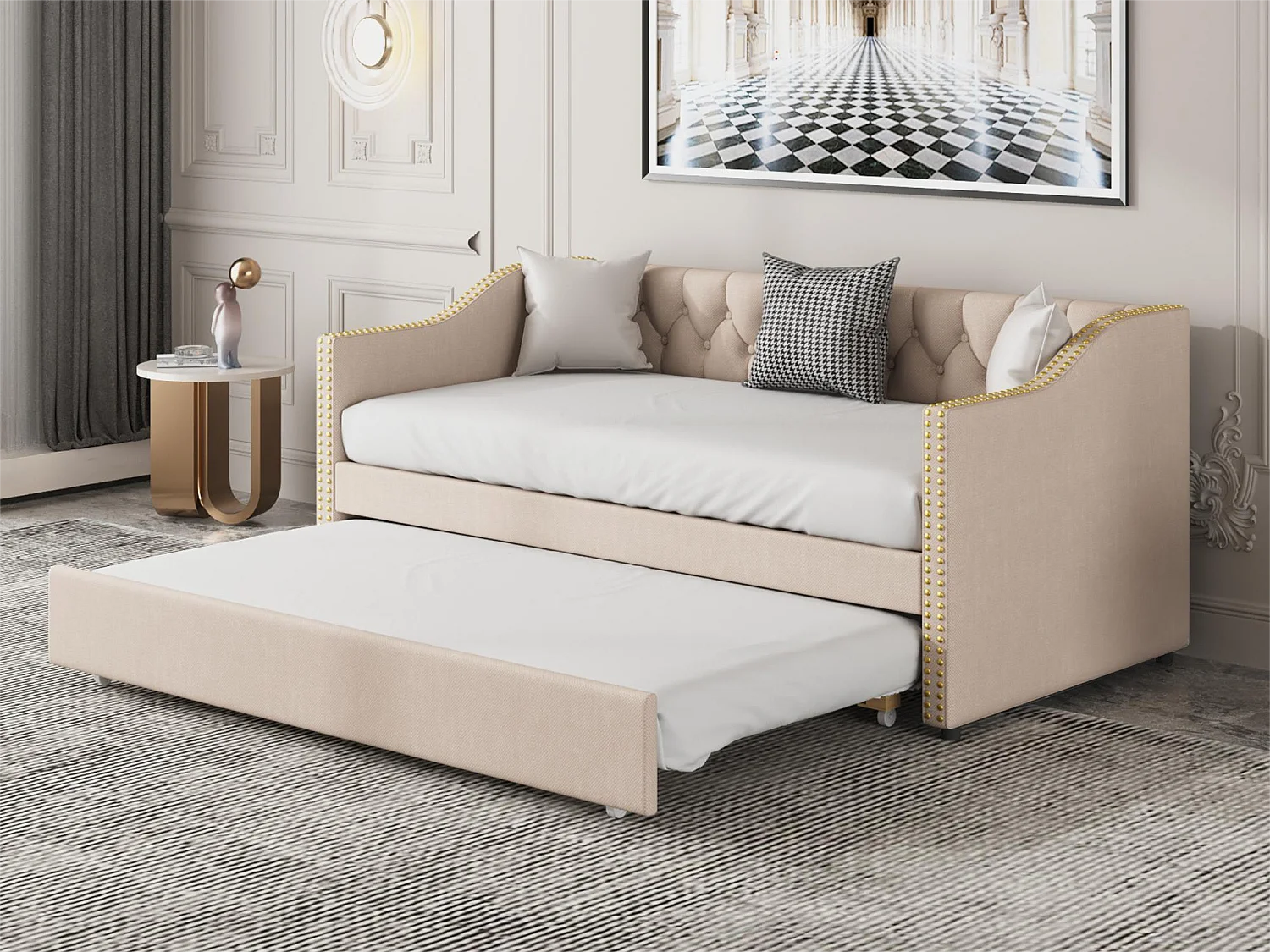 Onderschuifbed 90 x 200 cm - linnenstof - knopen en klinknagels - klassieke stijl - beige kleur