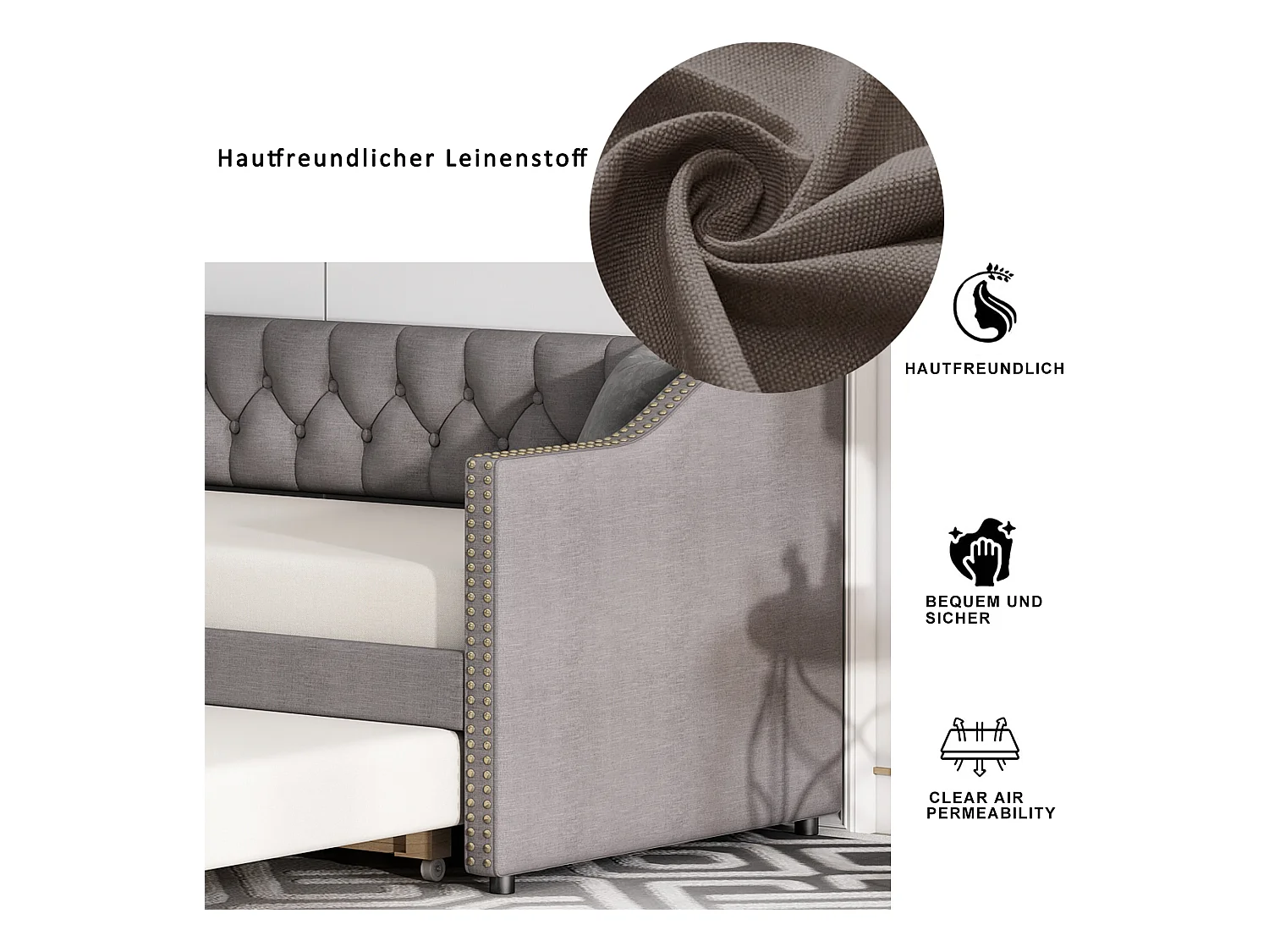 Lit gigogne 90 x 200 cm - tissu lin - boutons et rivets - style classique - coloris gris