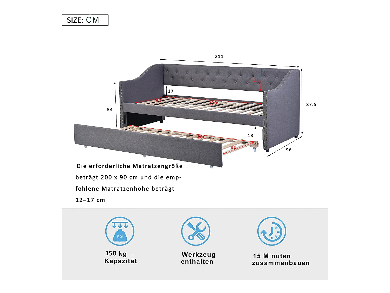 Lit gigogne 90 x 200 cm - tissu lin - boutons et rivets - style classique - coloris gris