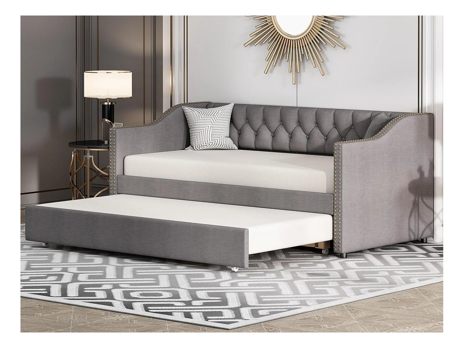Cama com gavetão 90 x 200 cm - tecido de linho - botões e rebites - estilo clássico - cor cinza