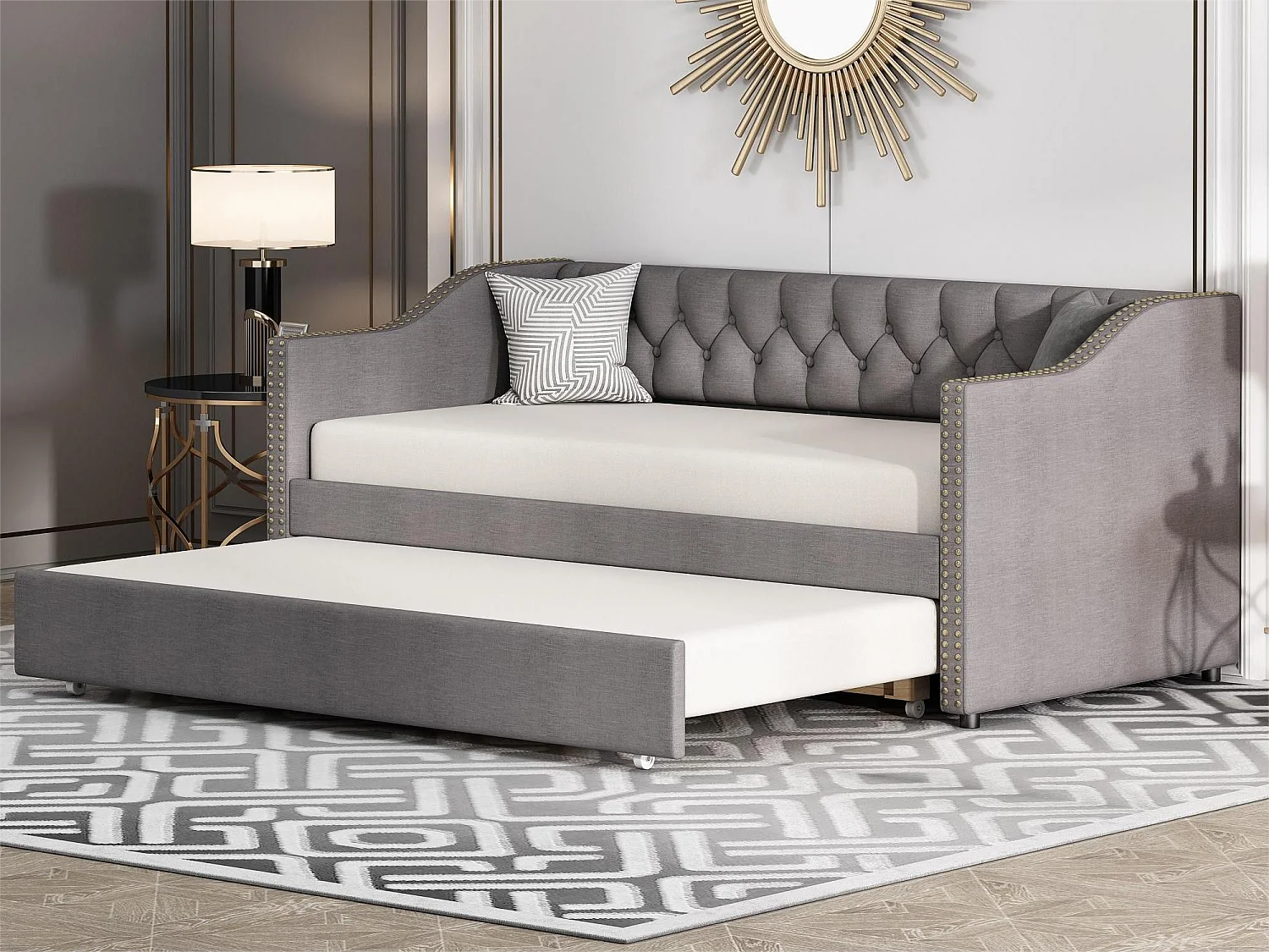 Lit gigogne 90 x 200 cm - tissu lin - boutons et rivets - style classique - coloris gris